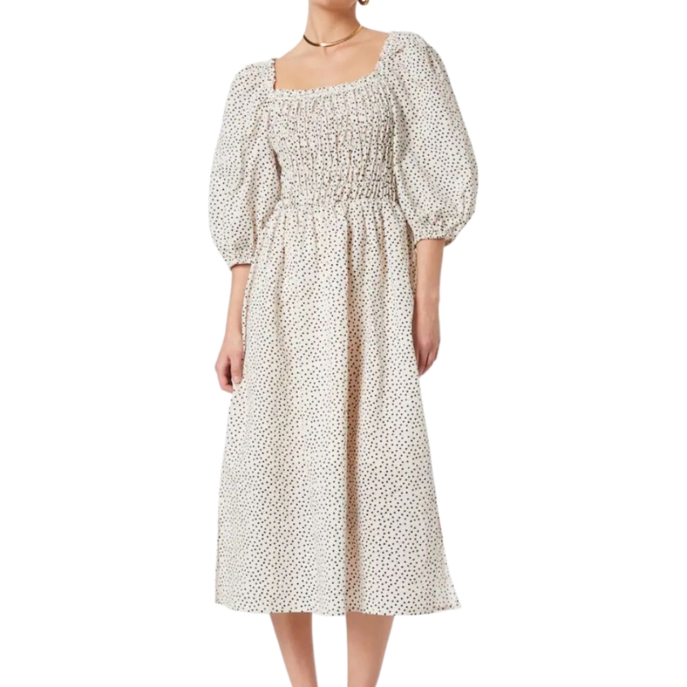 Just Female Avi Dress Cream Black Polka Dot‎ Smocked Midi Puff Sleeve 40 14032 - Picture 2 of 7